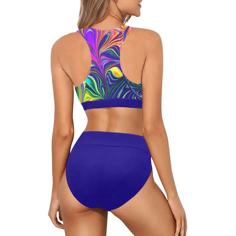 Back view racerback bikini top with high waisted bottoms