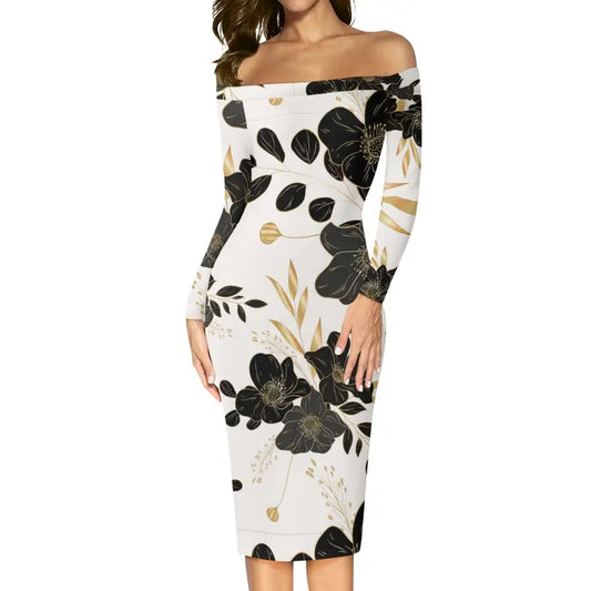 Black and gold floral off shoulder midi bodycon dress front view long sleeve elegant evening dress