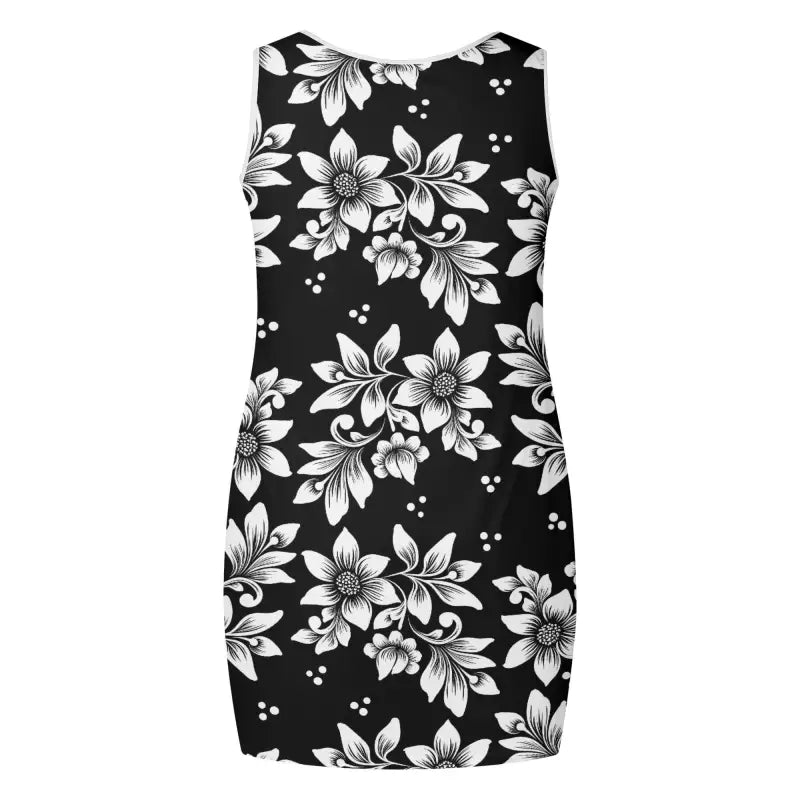 Black botanical print sleeveless dress back view balanced silhouette