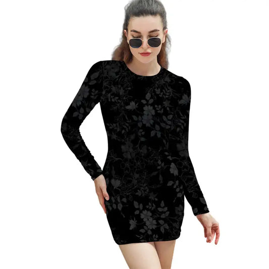 Black long sleeve floral bodycon mini dress front view
