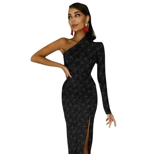 Black one shoulder bodycon maxi dress with high slit and waist zipper detail front view