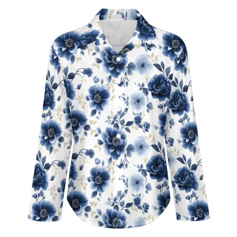 Blue and white floral V neck long sleeve tunic blouse front views