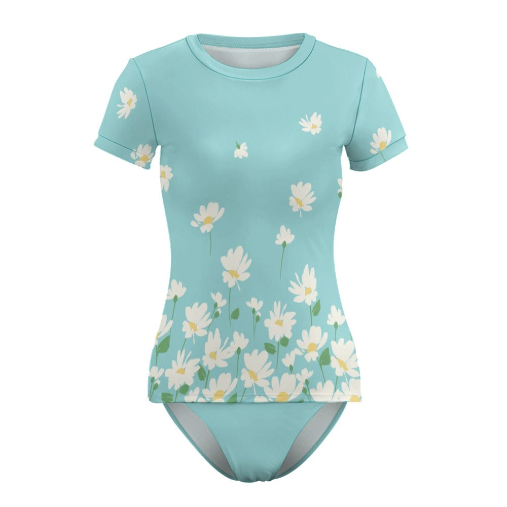 Blue daisy swimsuit product flat lay