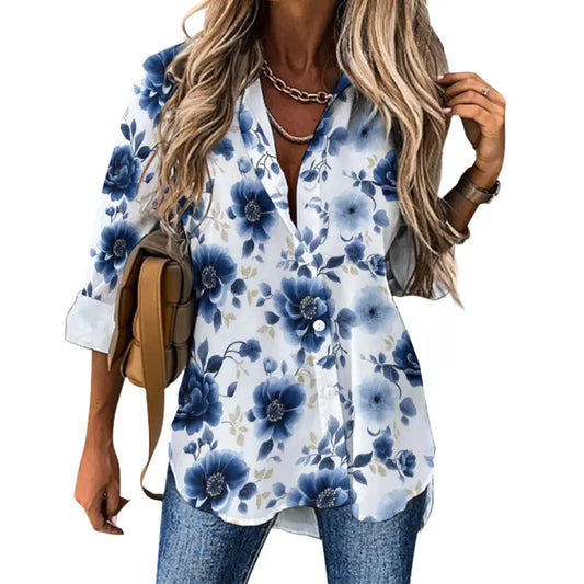 Blue floral V neck long sleeve blouse for women with button front detail