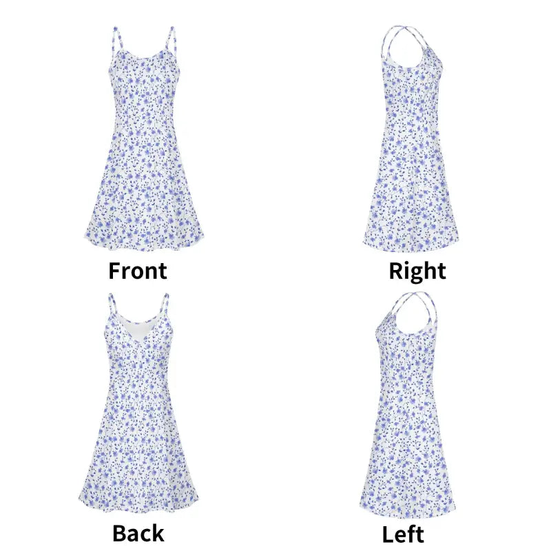 Blue floral adjustable strap sundress multiple views front back side