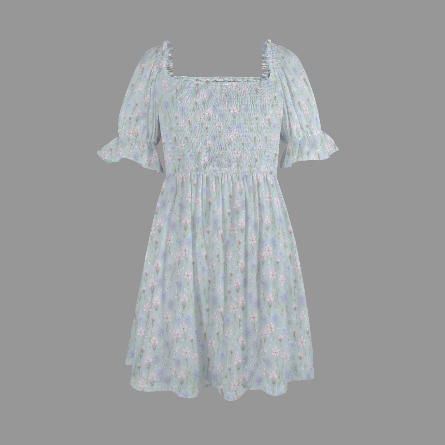 Blue floral cottagecore mini dress with ruffle hem isolated product view