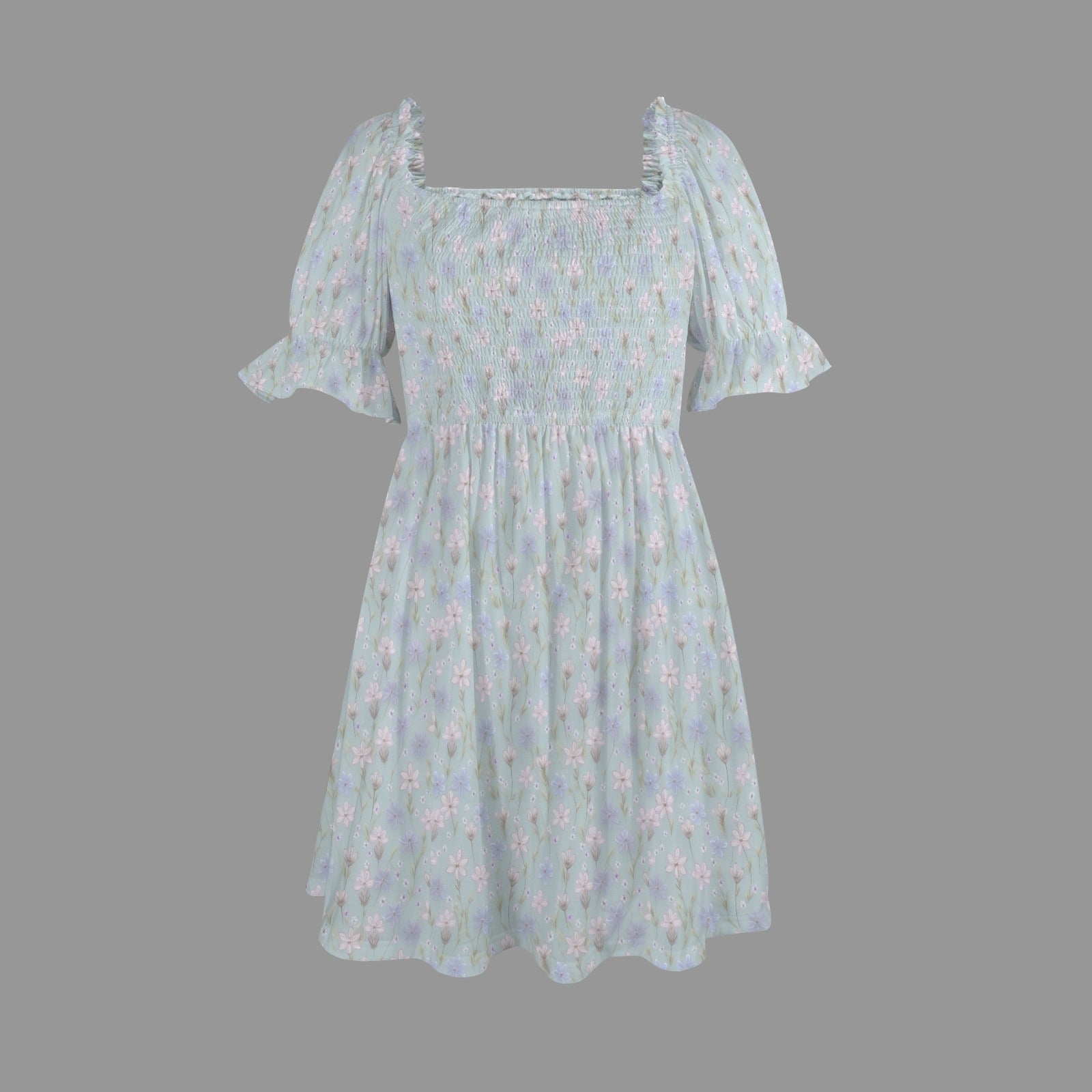 Blue floral cottagecore mini dress with ruffle hem isolated product view