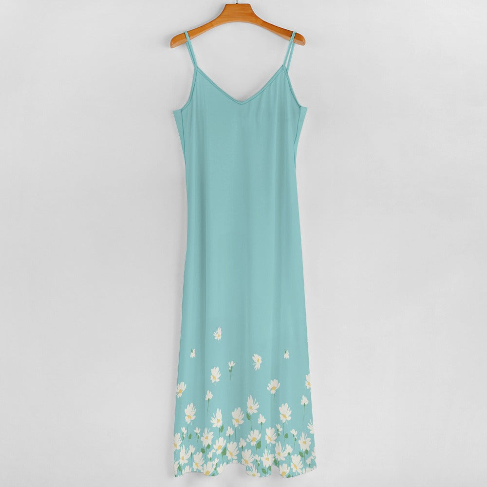 Blue floral maxi dress hanging display showing full length