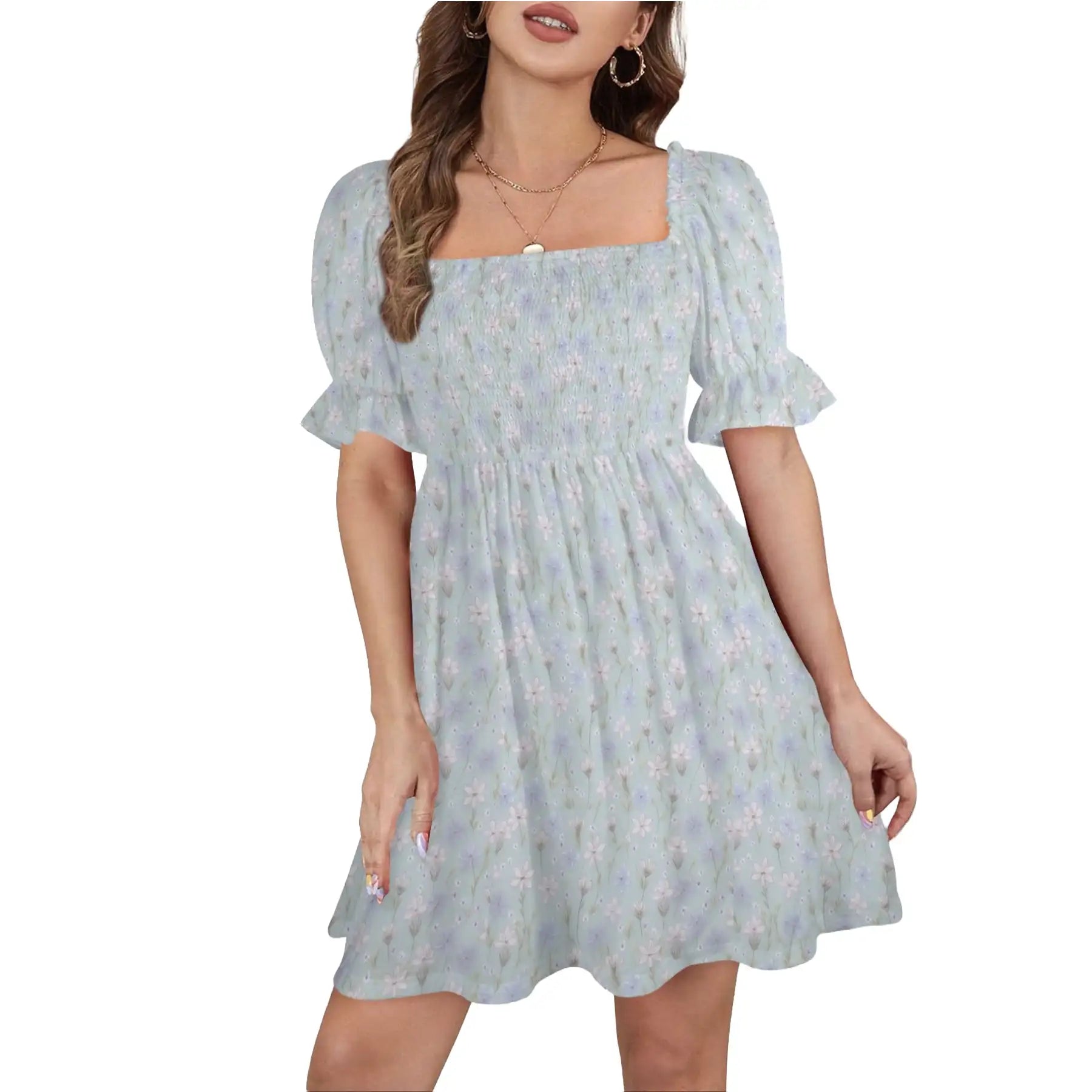 Blue floral mini dress with square neckline and shirred bodice front view white studio