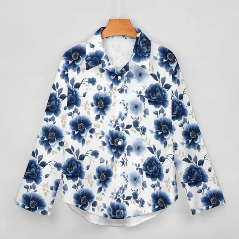Blue floral relaxed fit women blouse with V neckline and curved hem