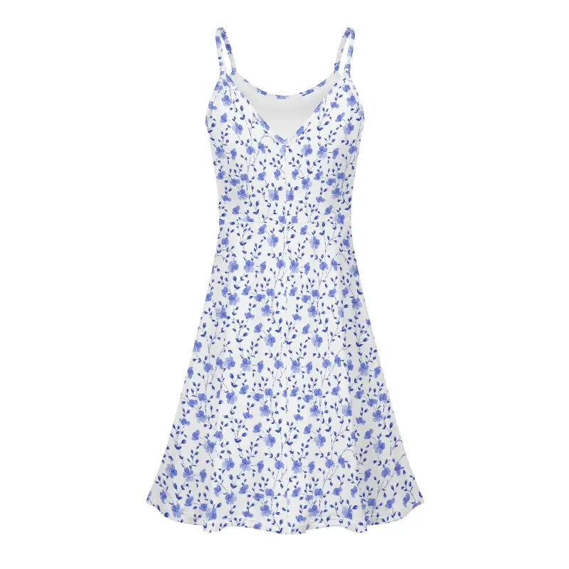 Blue floral summer dress back view V back adjustable strap sundress