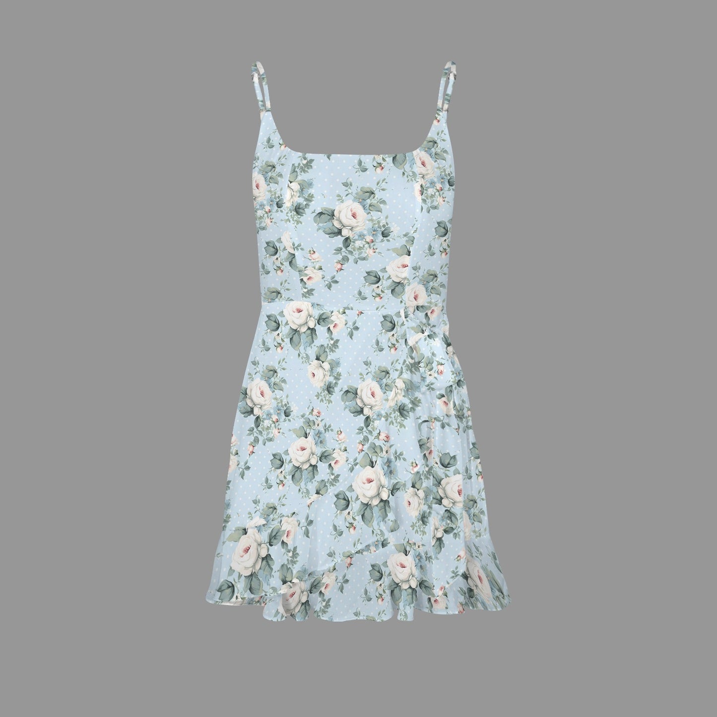 Blue floral summer mini dress with ruffle hem and balanced A-line silhouette