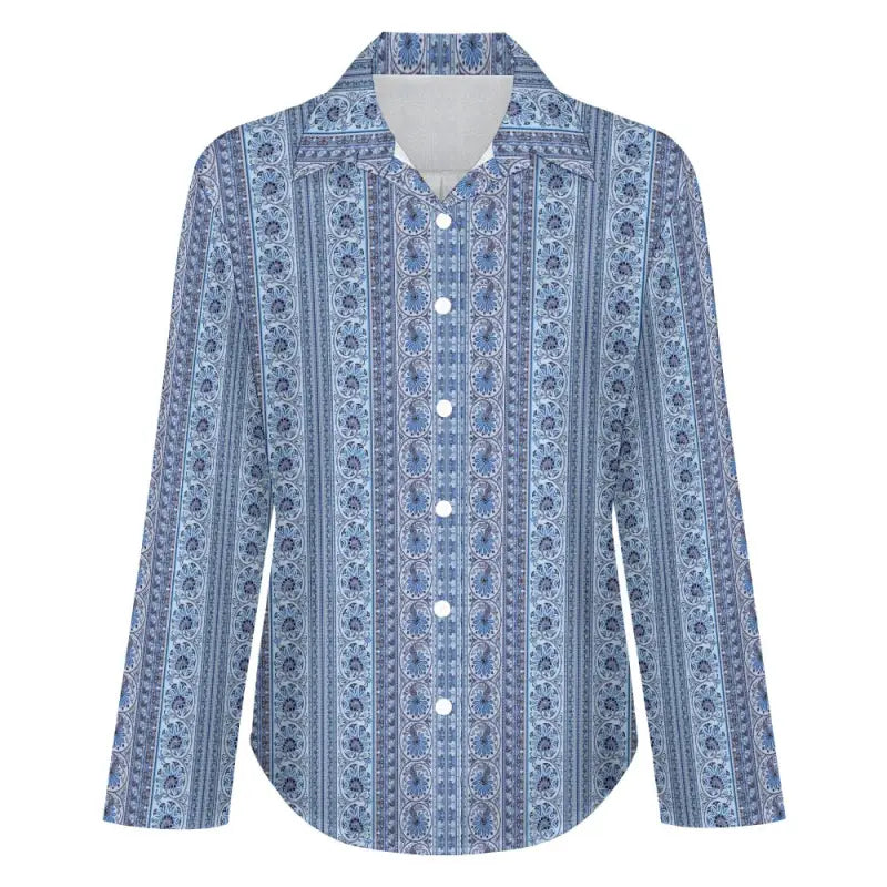 Blue mosaic print long sleeve tailored blouse with button-down front