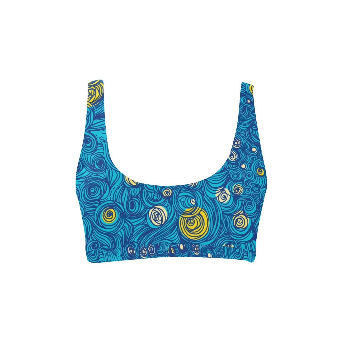 Blue swirl scoop neck bikini top laid flat