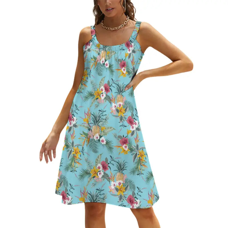 Blue tropical floral tank dress front view summer sleeveless sundress women