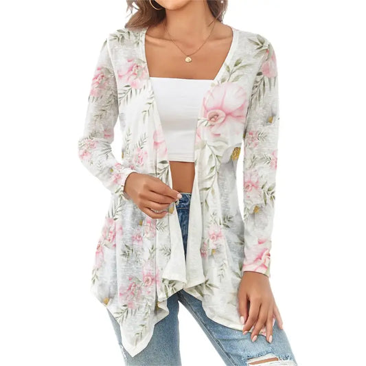 Blush floral draped open front cardigan front view