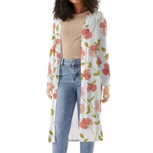 Blush floral longline open front duster cardigan front view on model