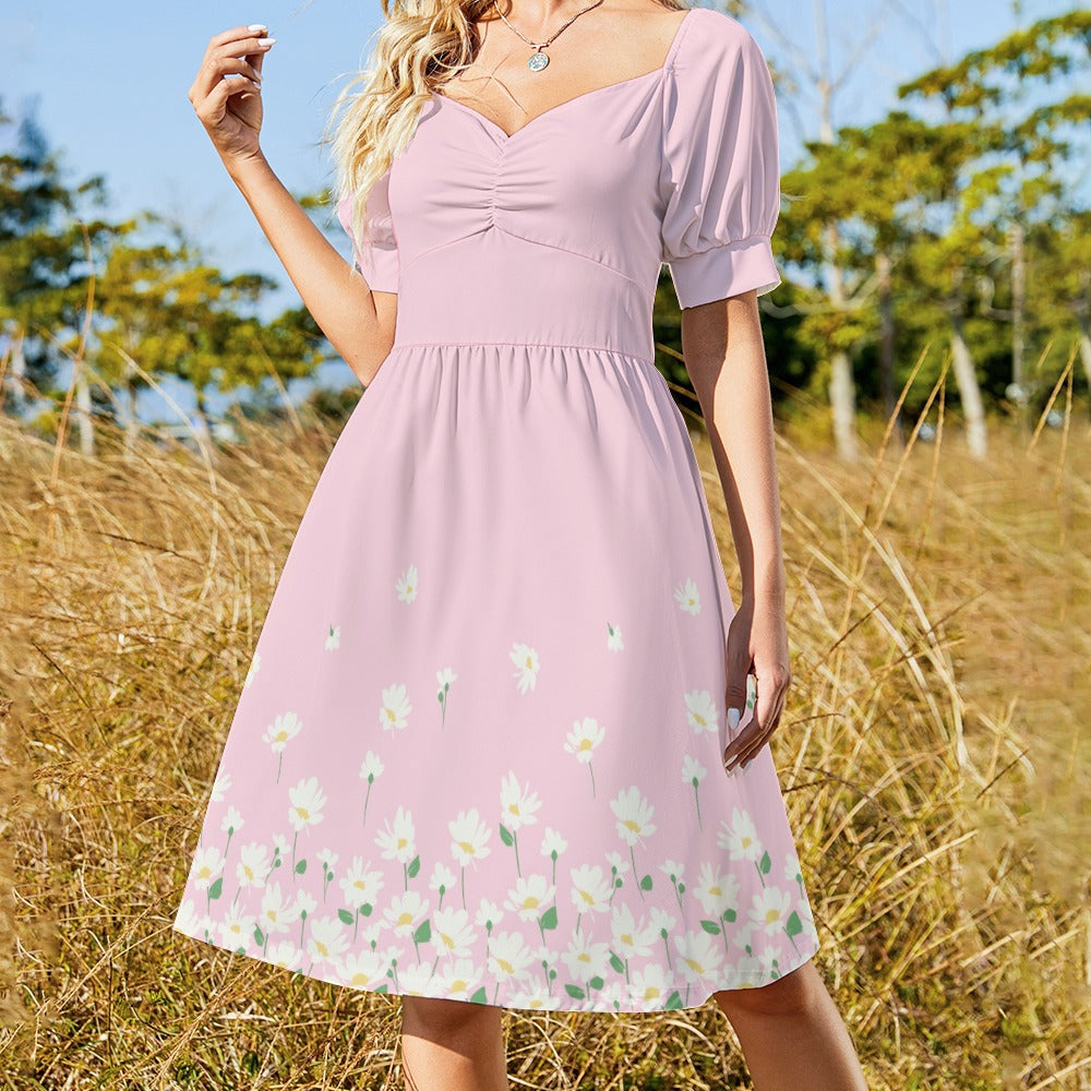 Blush floral midi dress outdoor lifestyle front angle