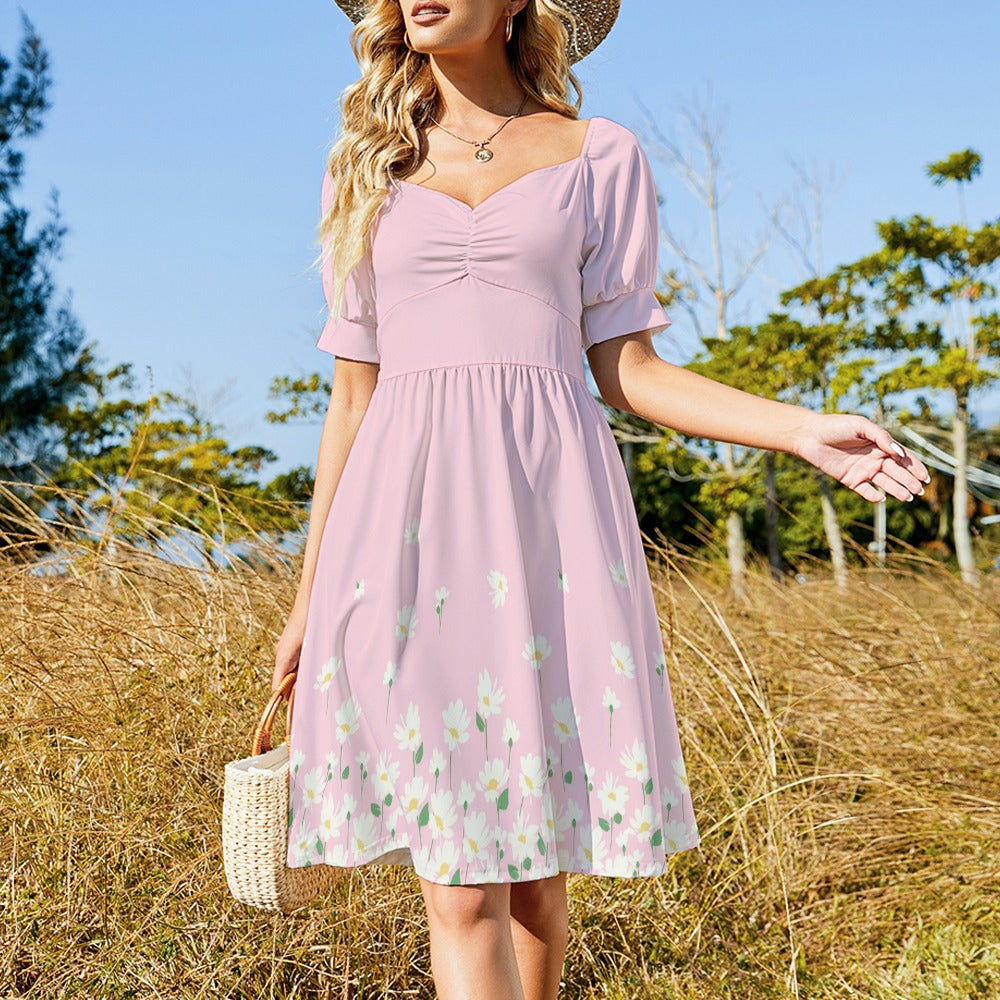 Blush floral sweetheart neckline midi dress detail front