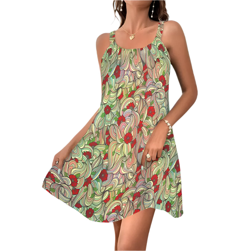 Boho floral sleeveless A-line summer dress front view in abstract swirl print with red flower details