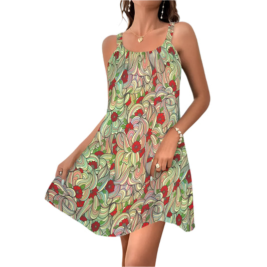 Boho floral sleeveless A-line summer dress front view in abstract swirl print with red flower details