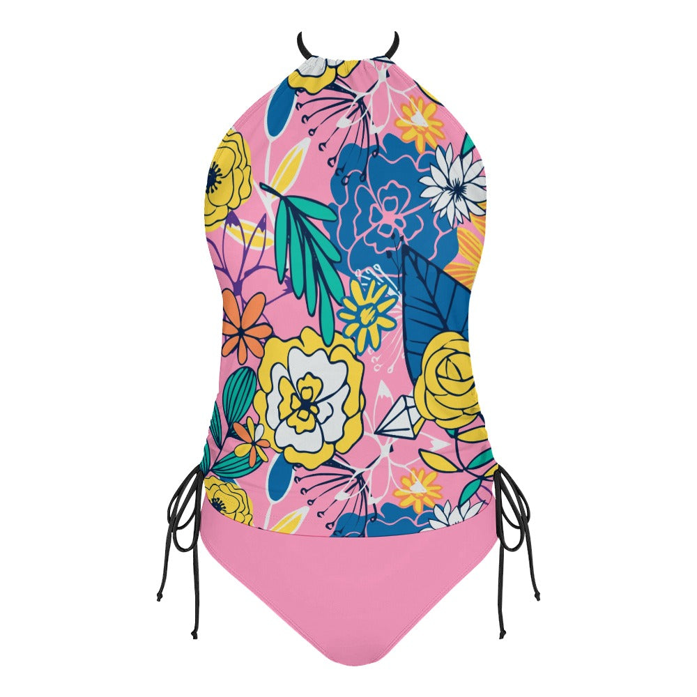 Botanical floral tankini swimsuit top and pink bottom product display