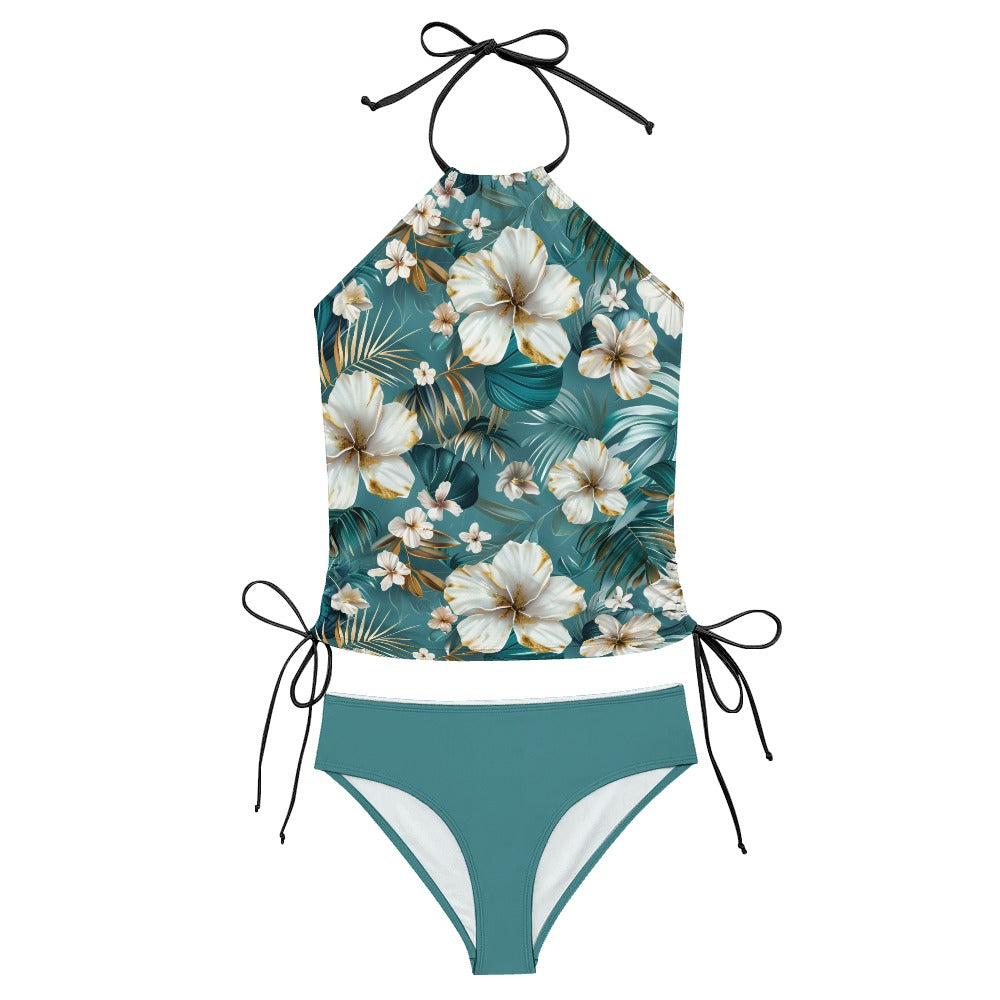 Botanical teal tankini set product flat lay front