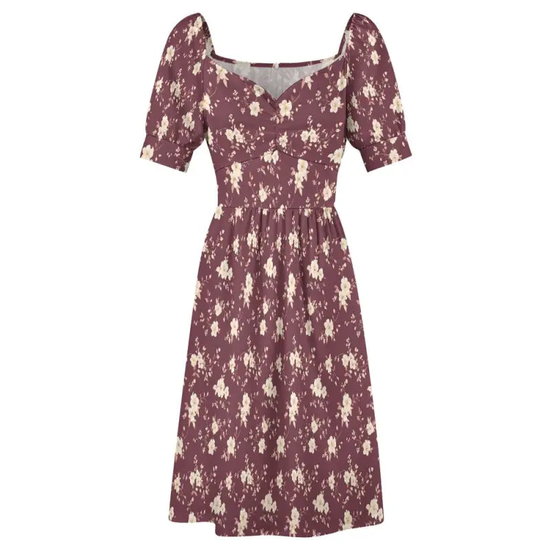 Burgundy floral sweetheart dress with puff sleeves and fitted waist 