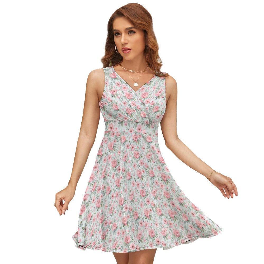 Close-up floral print mini dress showcasing soft pink rose pattern and smooth fabric