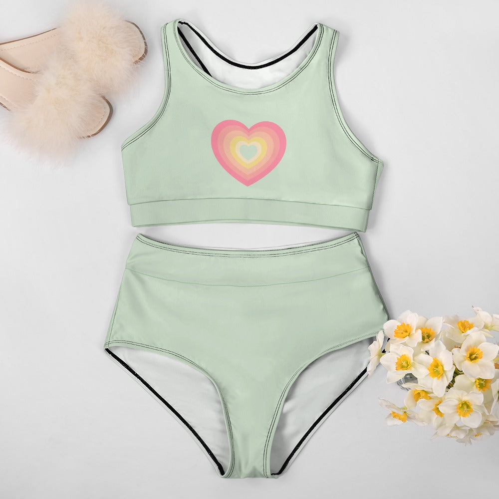 Close-up heart print detail on bikini top with soft stretch fabric