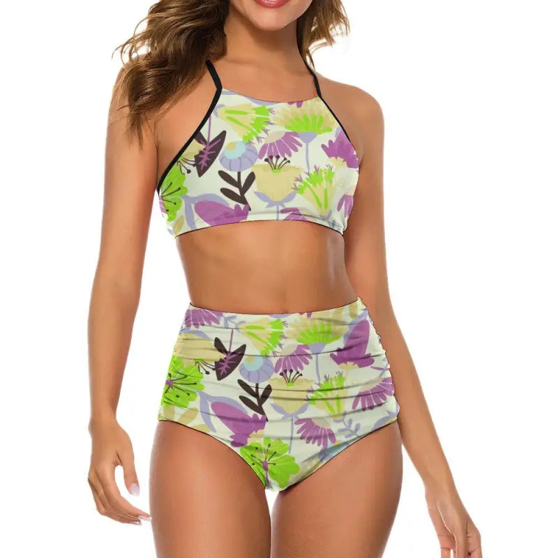 Close side detail of high neck floral swim top with black trim