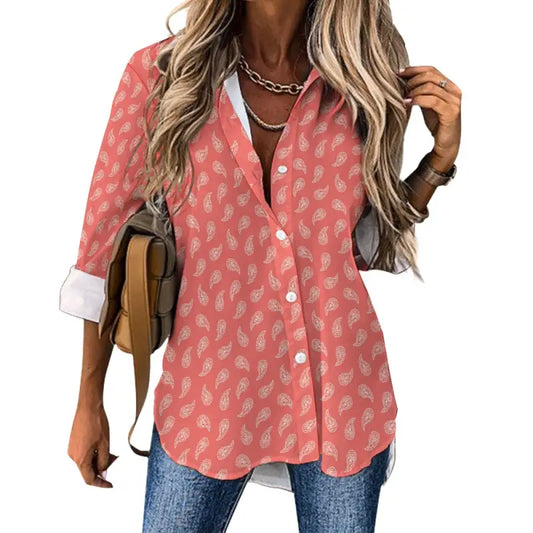 Coral paisley button down shirt women casual long sleeve blouse