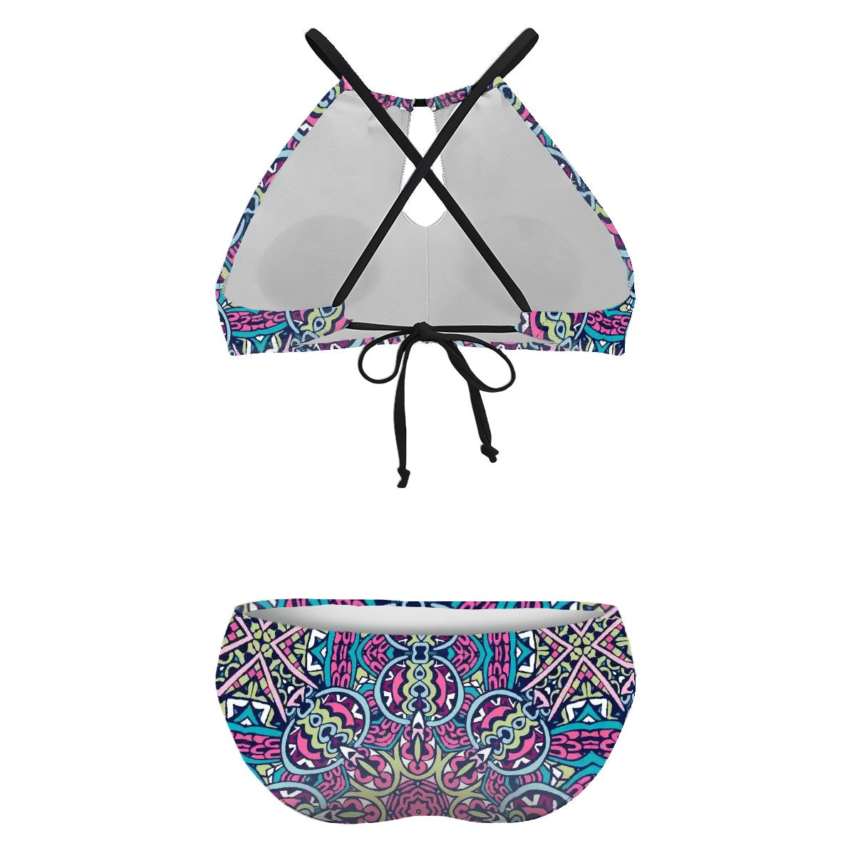 Crossback halter bikini top plus size with high-waisted bikini bottom back view