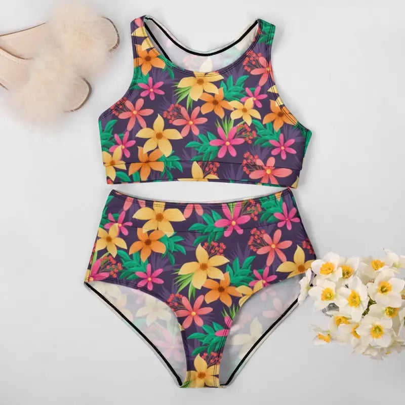 Detailed flat view of tropical floral high-waisted swimsuit set.