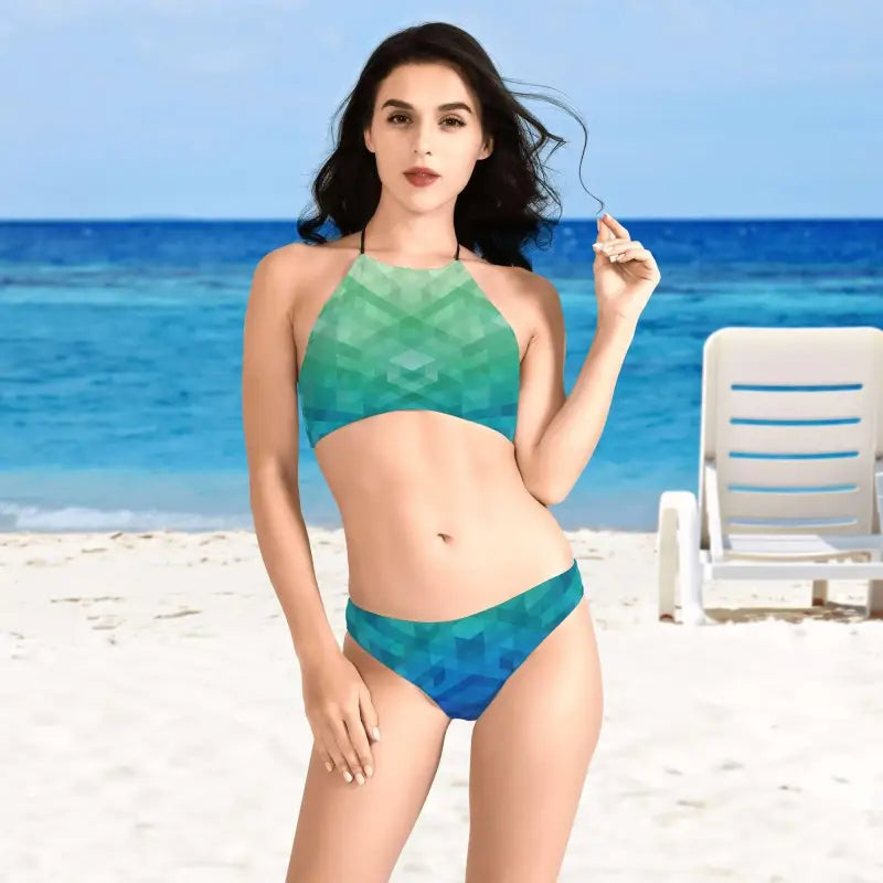 Emerald ombre geometric high neck halter bikini set front beach view