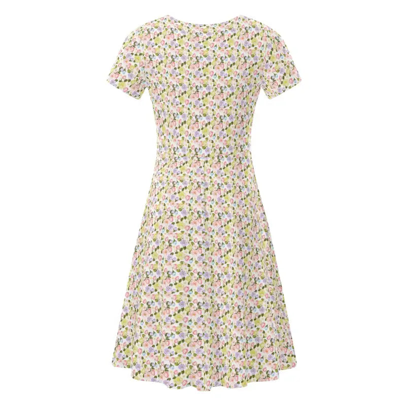 Extended size floral garden dress showcasing fluid A-line movement