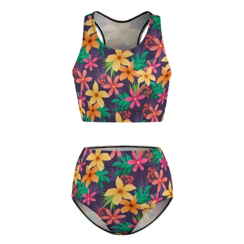 Flat lay of high neck tropical bikini top and high-waisted bottoms.