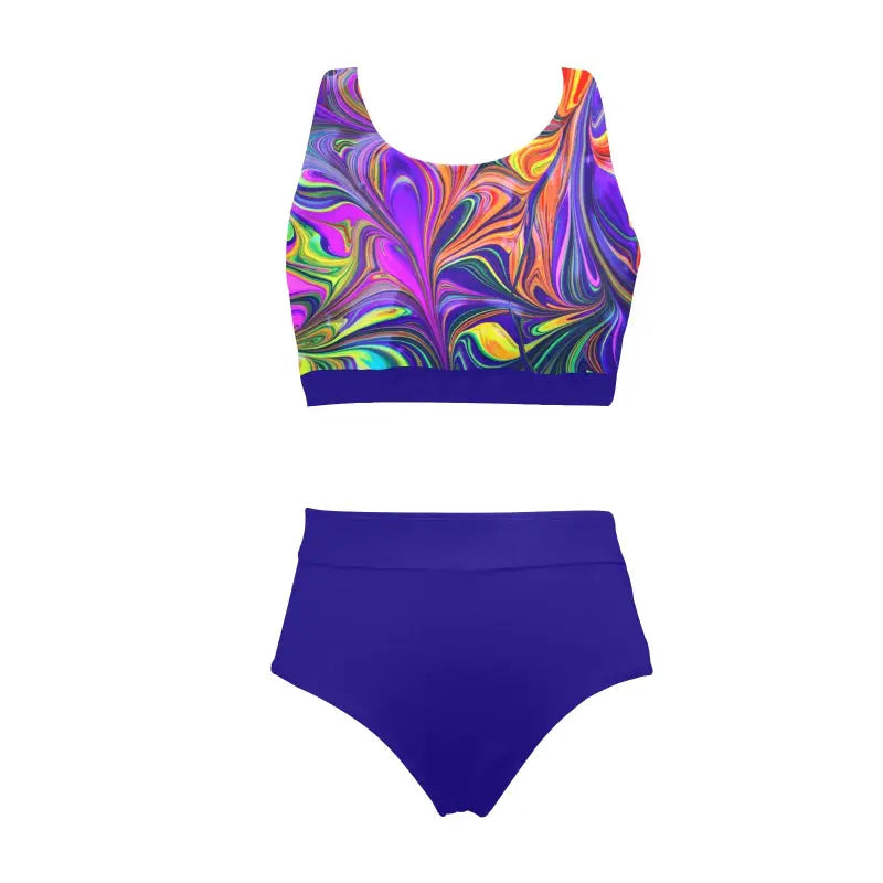 Flat lay psychedelic swirl crop bikini top and high waist bottom