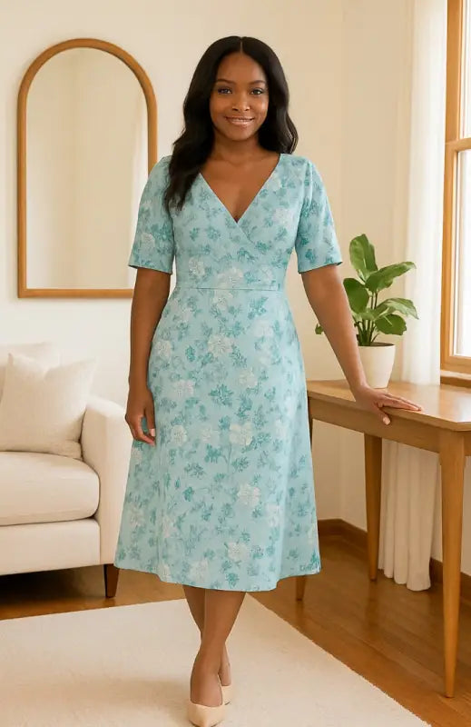 Flattering teal floral V neck midi dress with fitted waist and flowy skirt