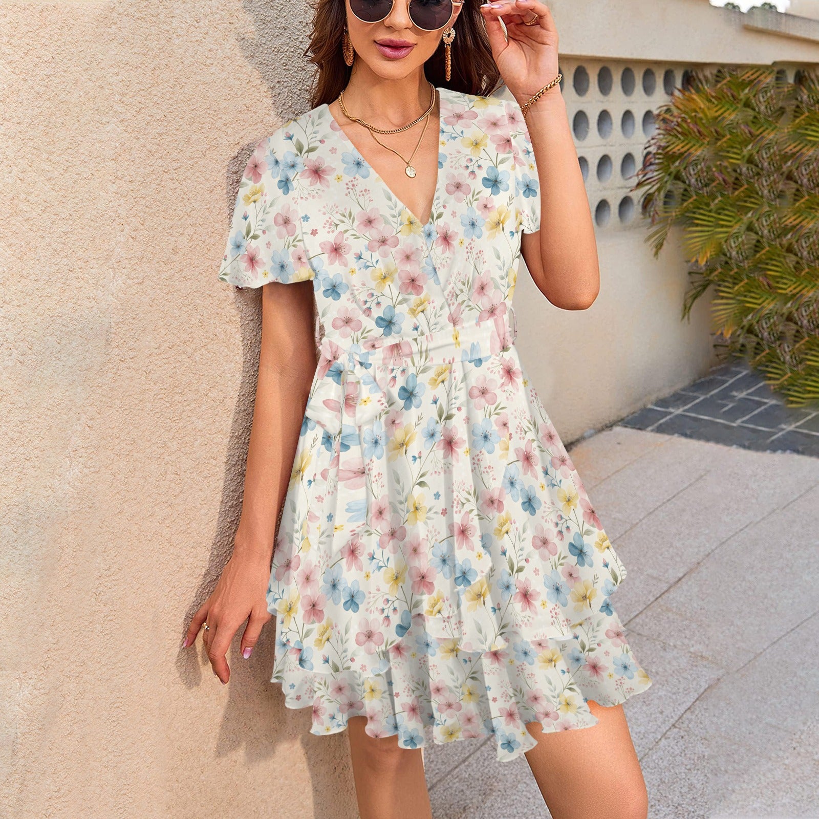 Floral V-neck mini dress with tie waist and short sleeves styled for summer