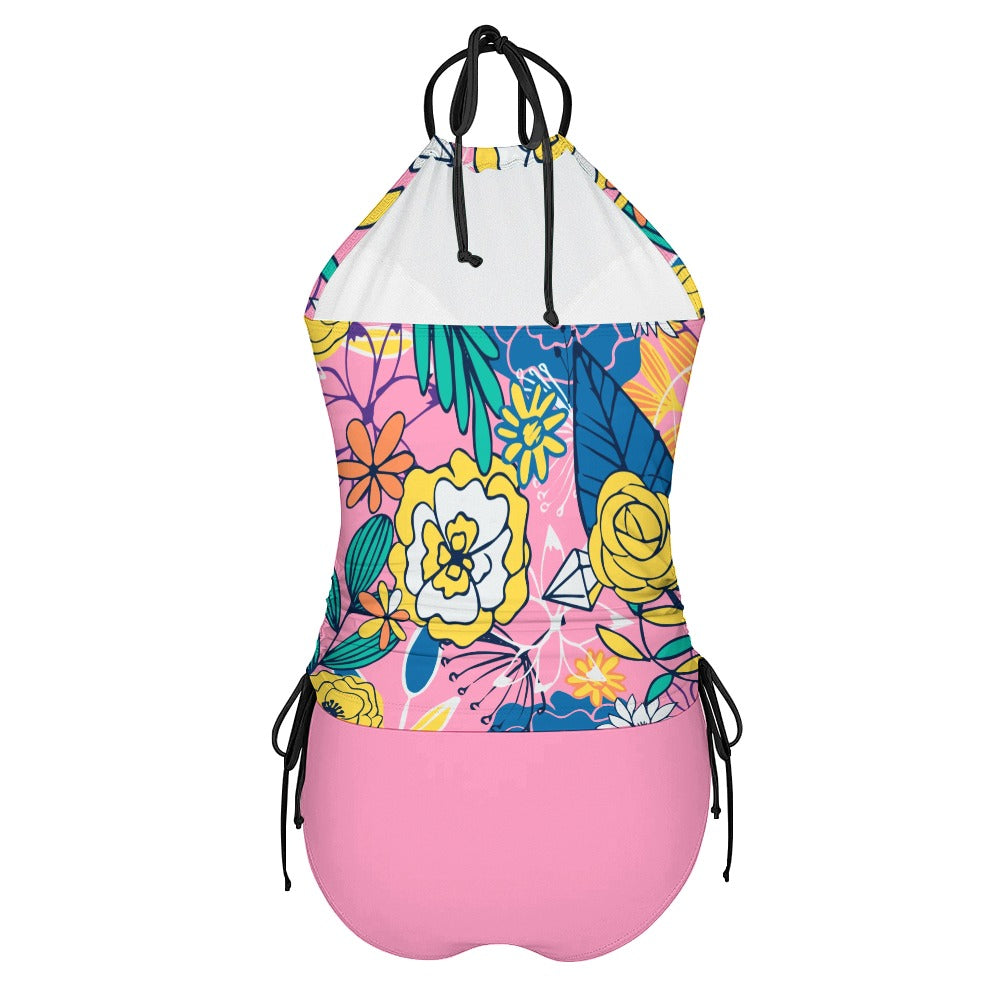 Floral halter tankini swimsuit back detail with adjustable ties