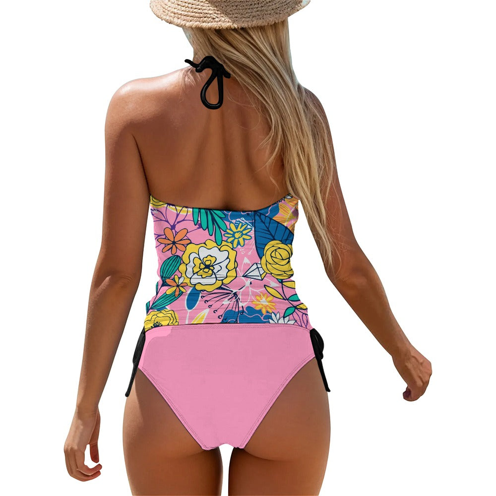 Floral halter tankini swimsuit set back view with adjustable tie neck