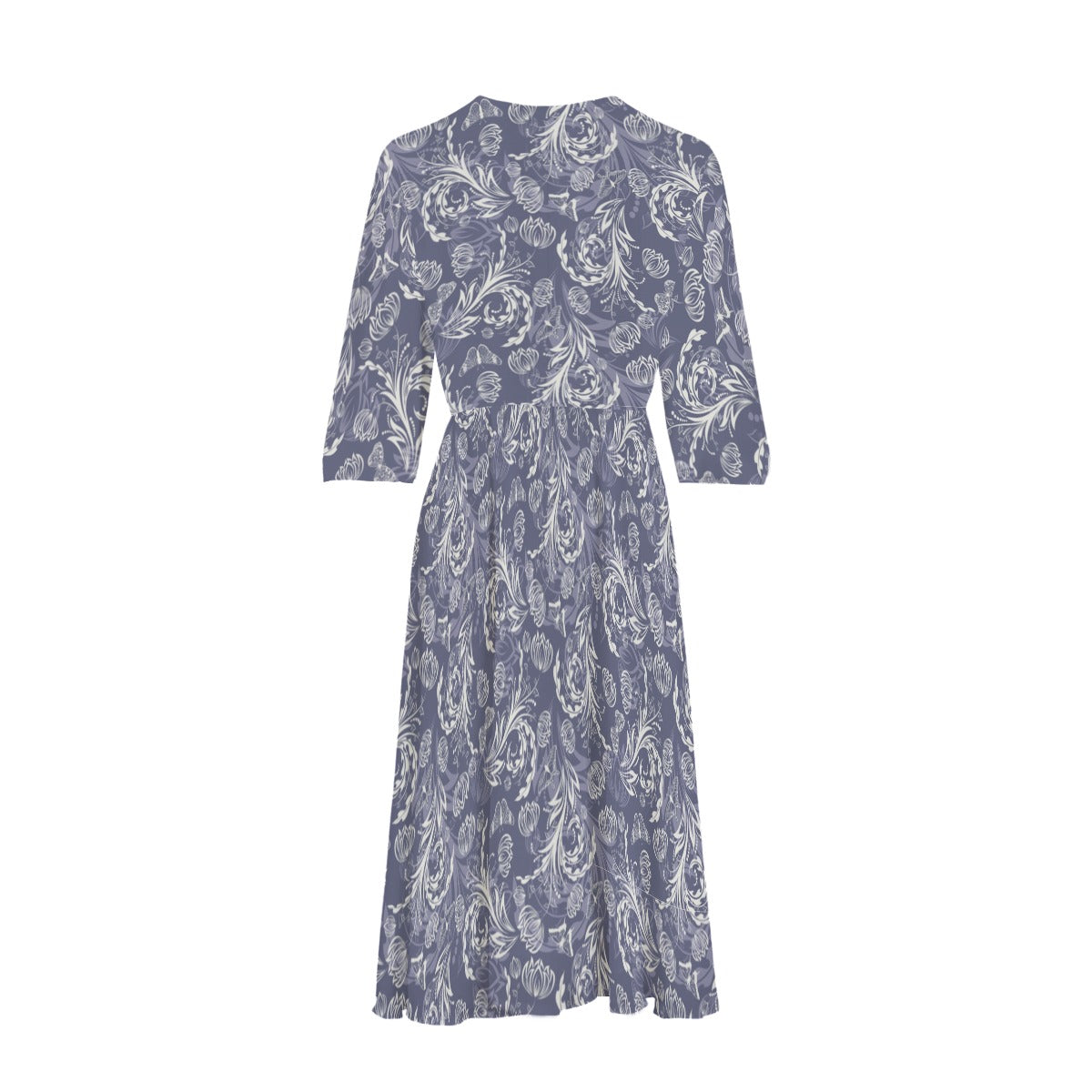 Floral midi dress back view showing gathered waist and silhouette