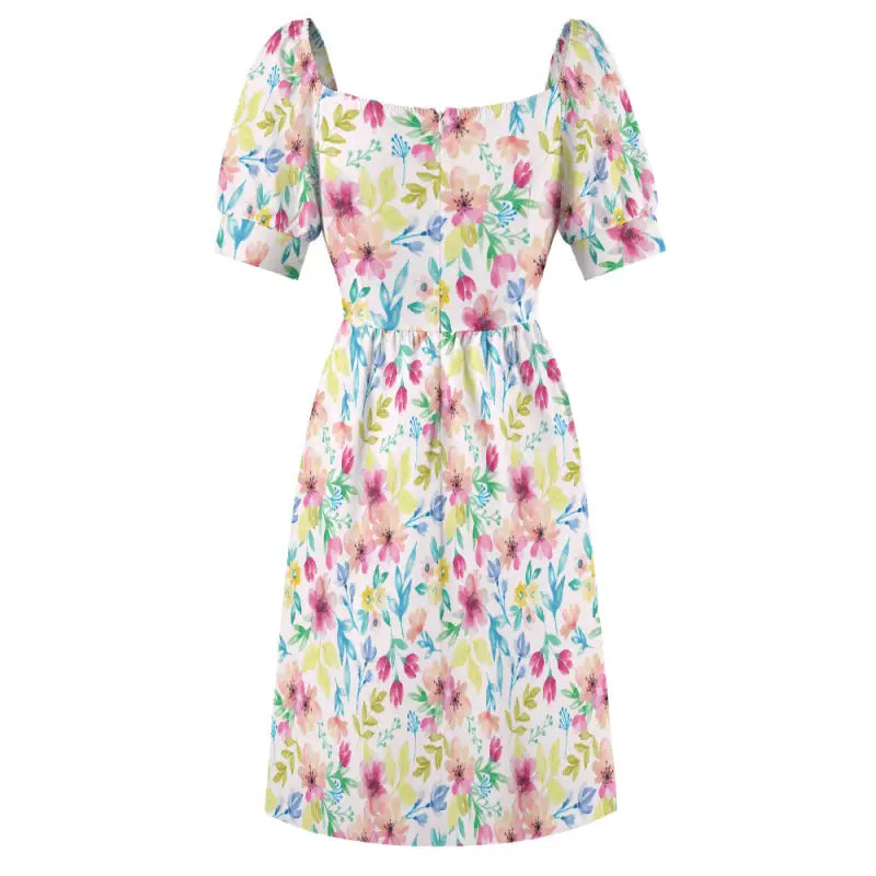 Floral midi dress back view with defined waist seam