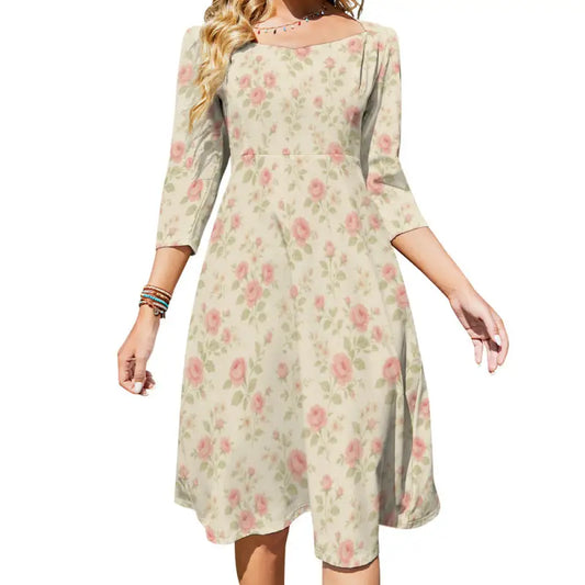 Floral midi dress with square neckline and three quarter sleeves front view on white background