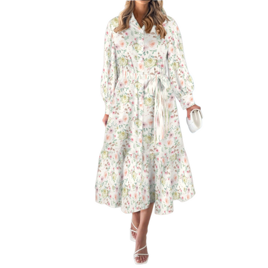 Floral midi dress with tie waist and long sleeves in soft cottagecore print front view