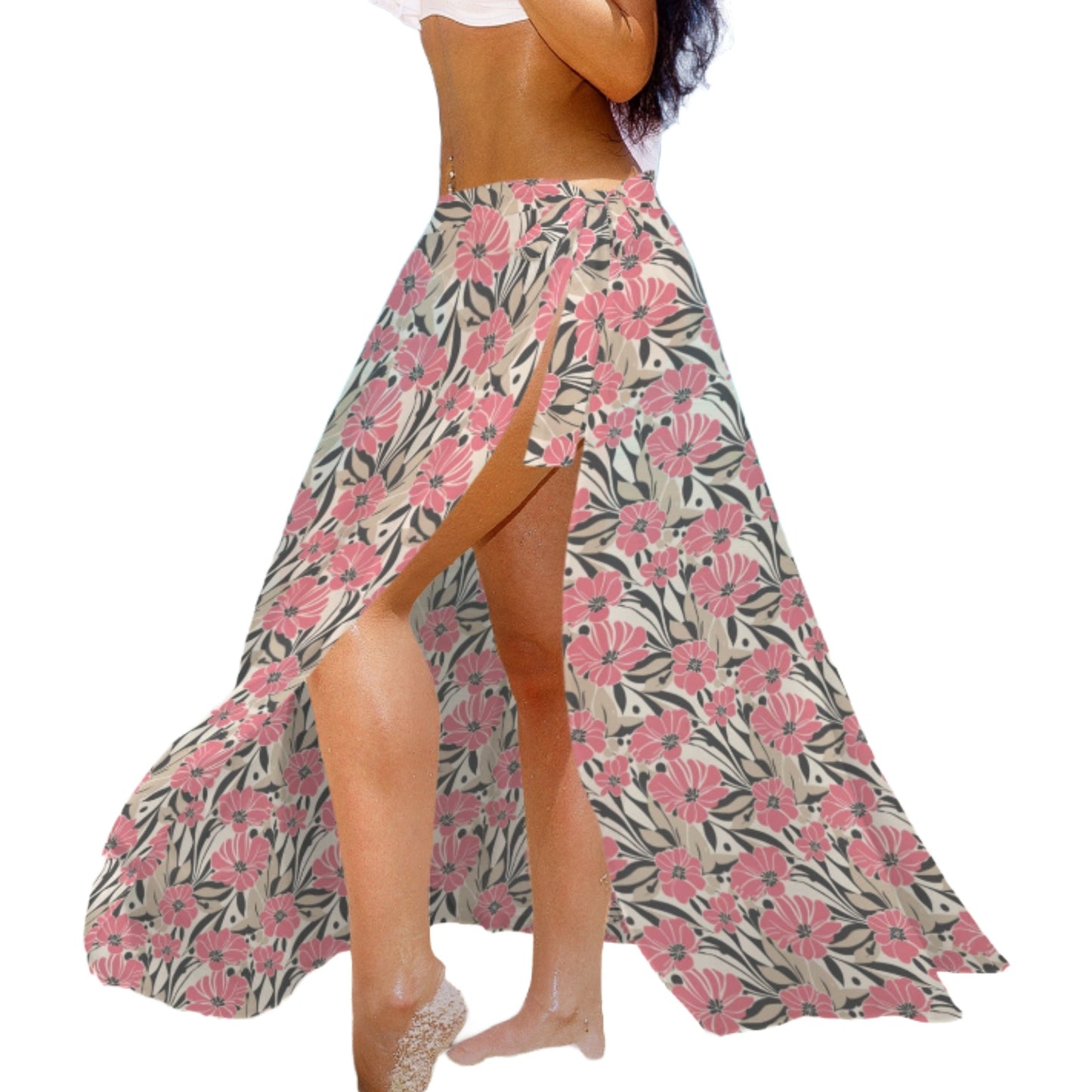Floral patterned sarong with a high slit on a white background