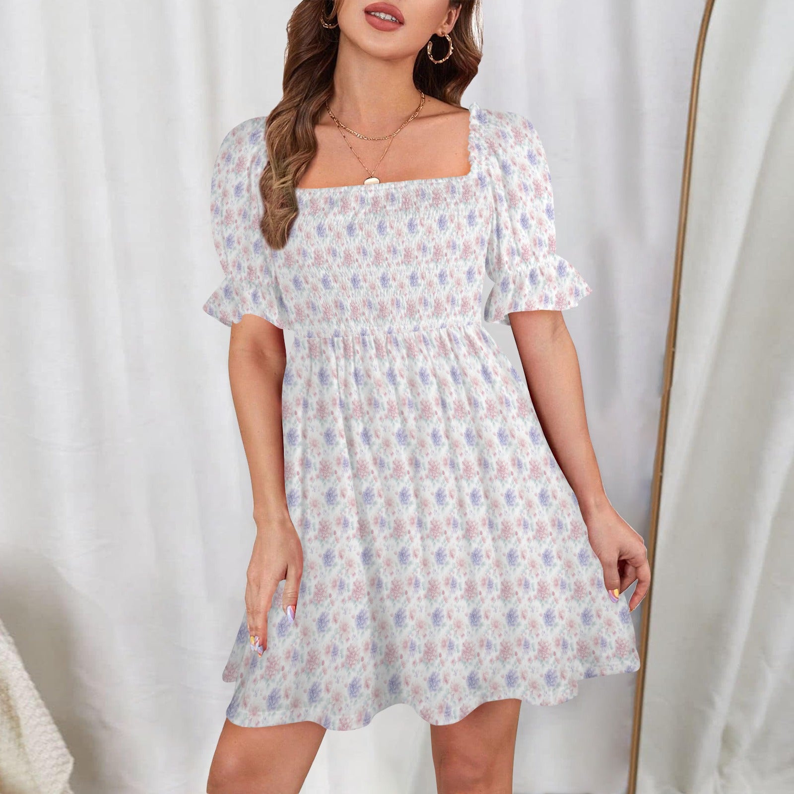Floral shirred bodice mini dress with square neckline front view
