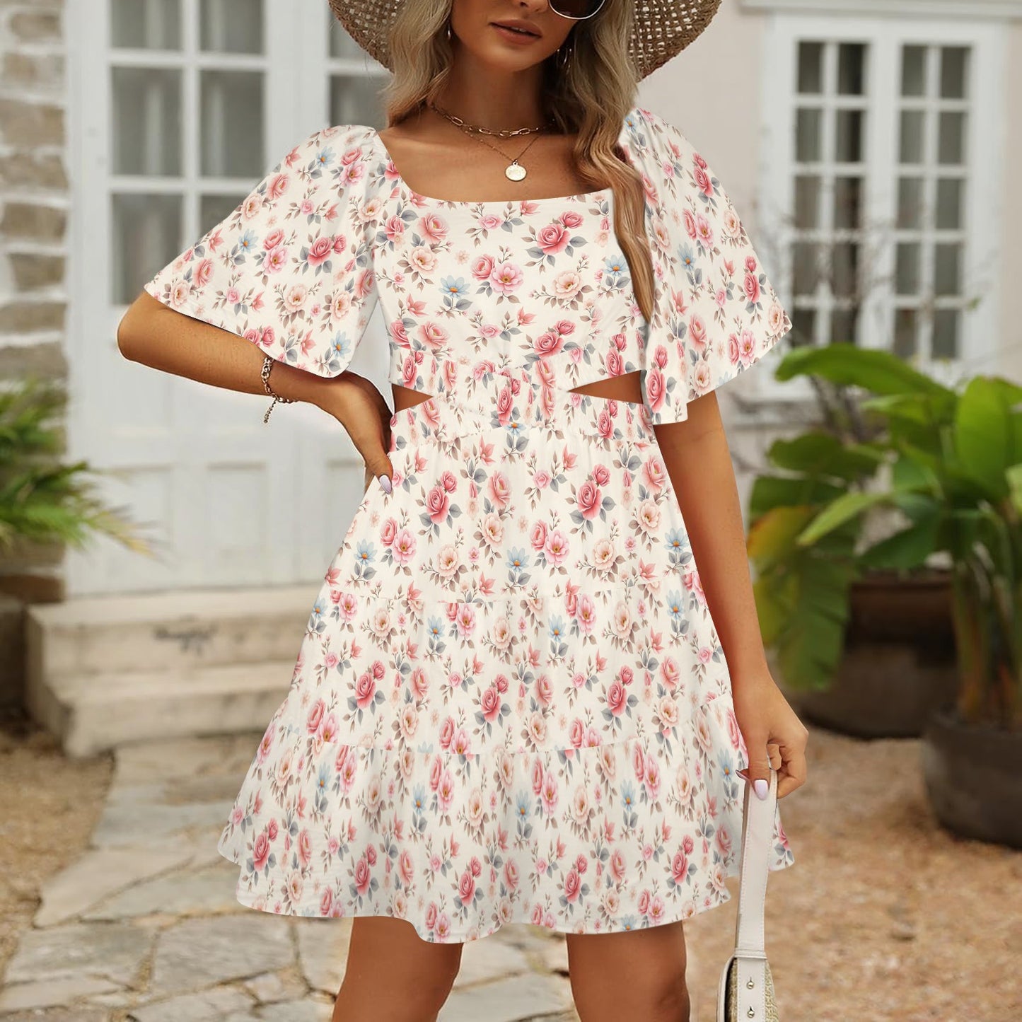 Floral square neck cut-out mini dress front view on model
