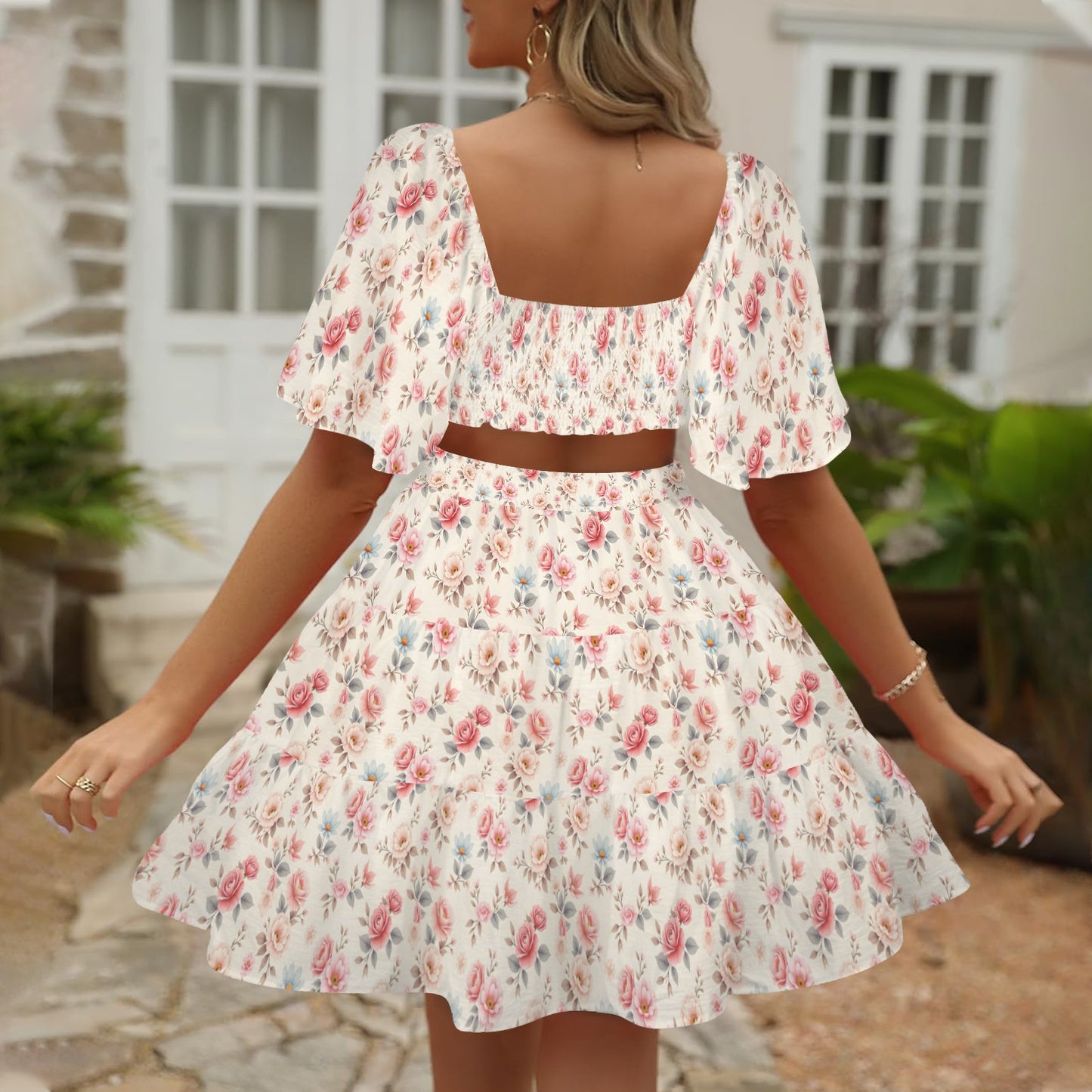 Floral square neckline dress back view with cut-out detail
